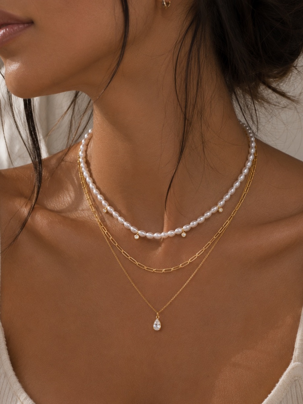 18K Gold Plated Faux Pearl & Cubic Zirconia Layered Necklace